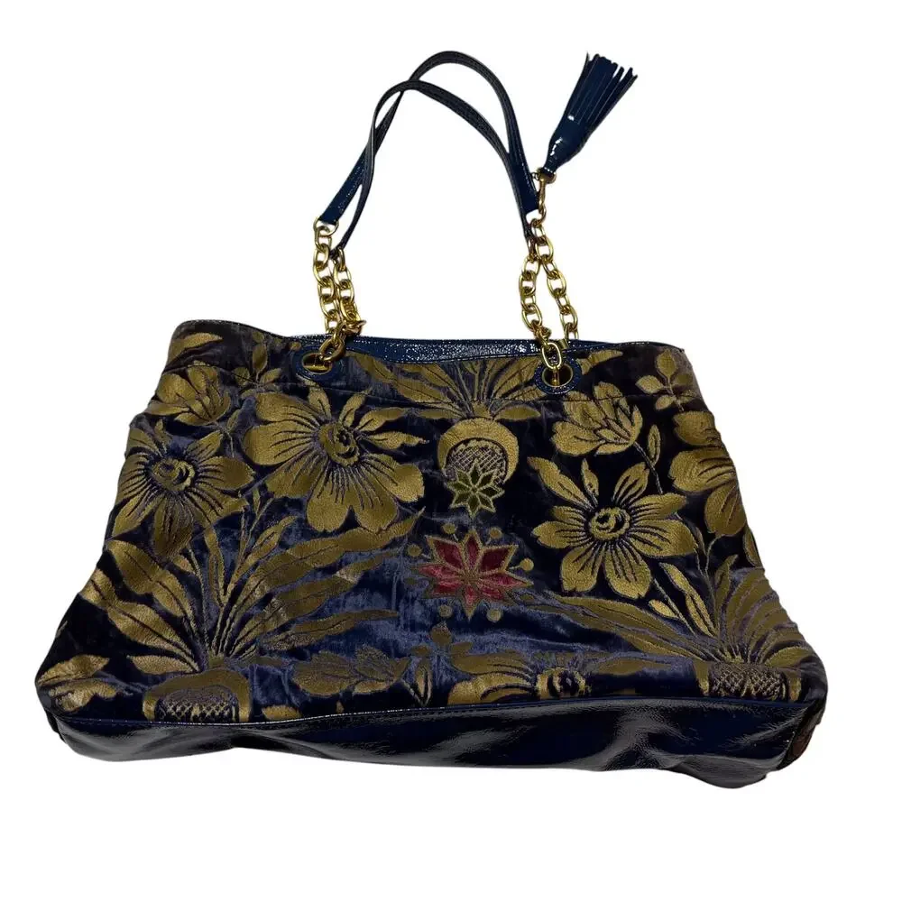 Tory Burch Cosmic Floral Fleming Tote Floral Velvet Blue Leather Shoulder Bag